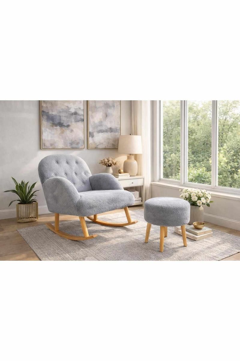 Øreklapstol- og pufsæt (2 dele) Atelier Del Sofa Dugmeli (80 x 85 x 65 cm) Grå - Møbler - Stole & lænestole - Lænestole