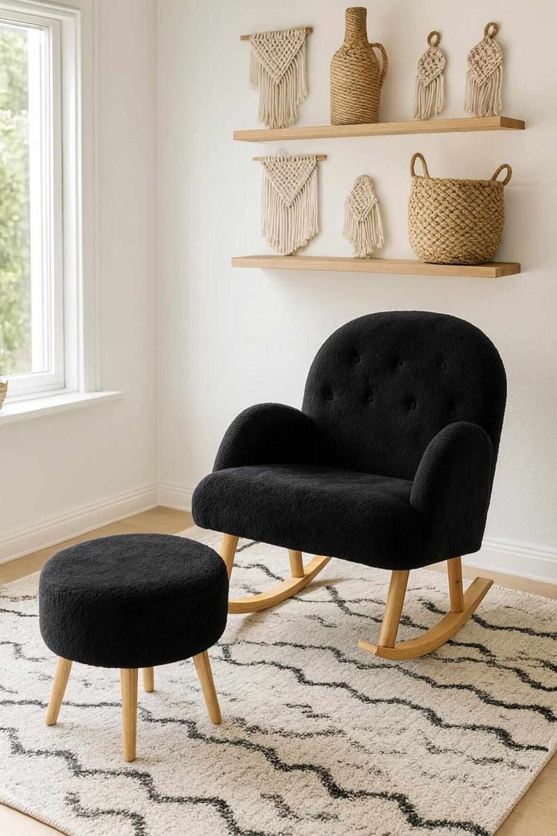 Øreklapstol- og pufsæt (2 dele) Atelier Del Sofa Dugmeli (80 x 85 x 65 cm) Sort - Møbler - Stole & lænestole - Lænestole