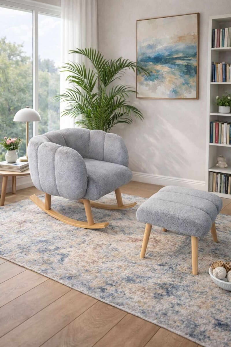 Øreklapstol- og pufsæt (2 dele) Atelier Del Sofa Lotus (70 x 94 x 42 cm) Grå - Møbler - Stole & lænestole - Lænestole