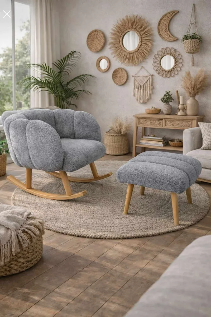 Øreklapstol- og pufsæt (2 dele) Atelier Del Sofa Lotus (70 x 94 x 42 cm) Grå - Møbler - Stole & lænestole - Lænestole