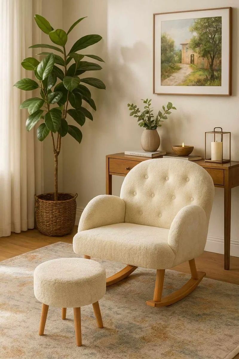 Øreklapstol- og pufsæt (2 dele) Atelier Del Sofa Dugmeli (80 x 85 x 65 cm) Creme - Møbler - Stole & lænestole - Lænestole