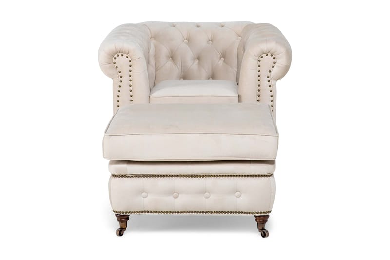 Chesterfield Deluxe Lænestol med Puf - Velour Beige - Møbler - Stole & lænestole - Lænestole - Chesterfield lænestole