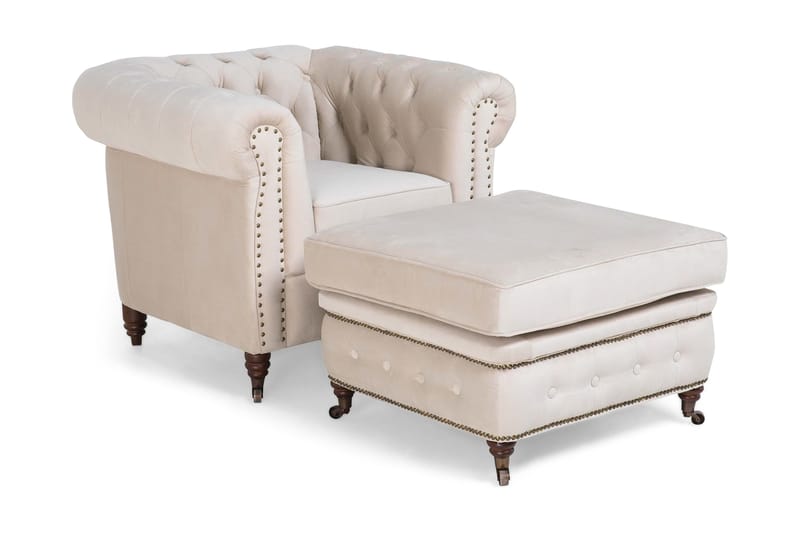 Chesterfield Deluxe Lænestol med Puf - Velour Beige - Chesterfield lænestole