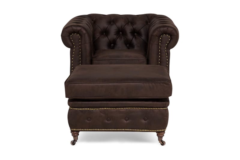 Chesterfield Deluxe Lænestol med Puf - Vintage Mørkebrun - Møbler - Stole & lænestole - Lænestole - Læderstol