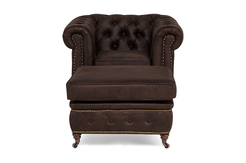 Chesterfield Deluxe Lænestol med Puf - Vintage Mørkebrun - Læderstol - Chesterfield lænestole