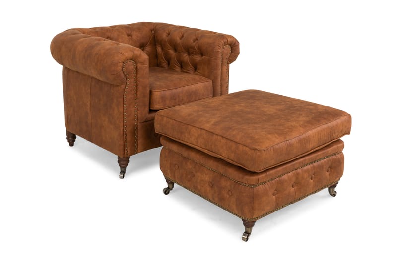 Chesterfield Deluxe Lænestol med Puf - Vintage Cognac - Læderstol - Chesterfield lænestole