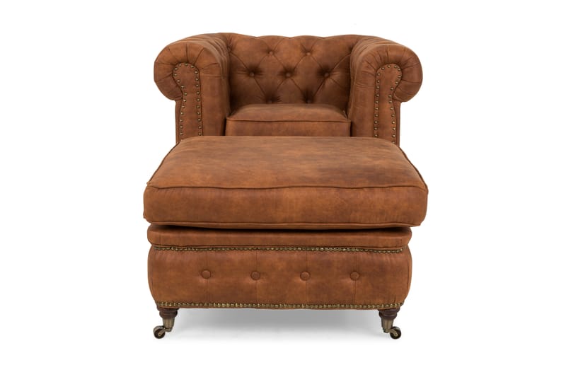 Chesterfield Deluxe Lænestol med Puf - Vintage Cognac - Læderstol - Chesterfield lænestole