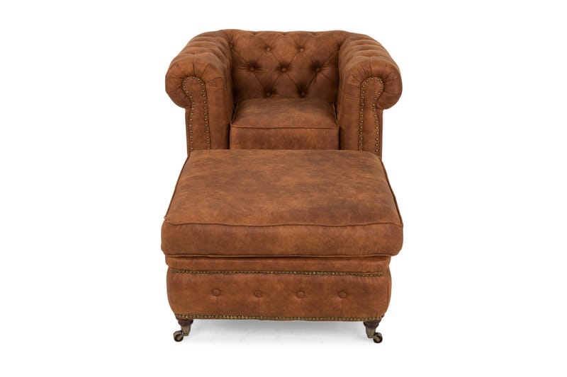 Chesterfield Deluxe Lænestol med Puf - Vintage Cognac - Læderstol - Chesterfield lænestole