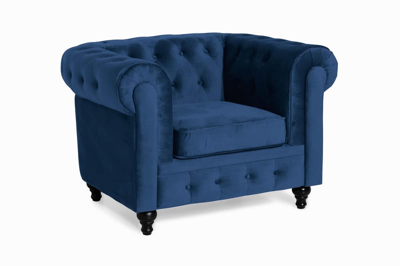 Chesterfield Lyx Stor behagelig dyb fløjlsfotel – Fotel til stuen - Blå Velour - Møbler - Stole & lænestole - Lænestole - Chesterfield lænestole