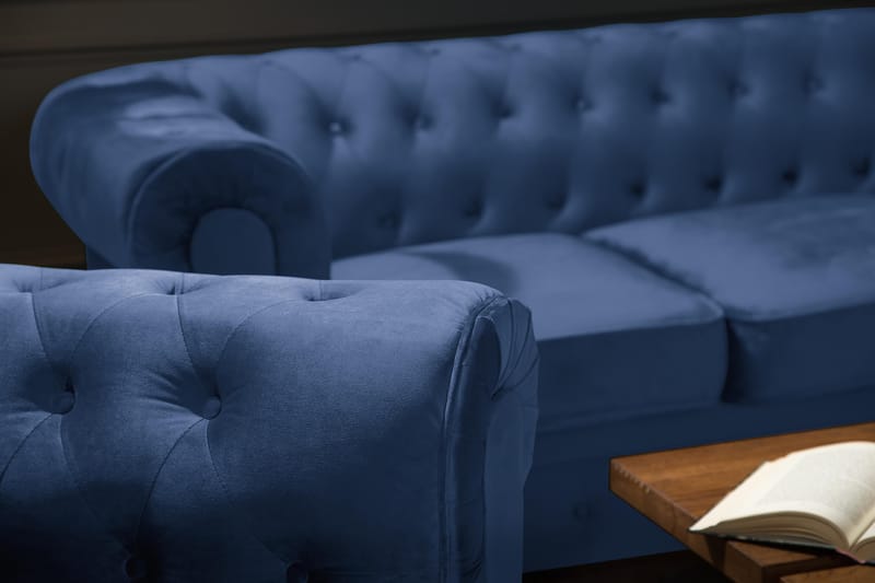 Chesterfield Lyx Stor behagelig dyb fløjlsfotel – Fotel til stuen - Blå Velour - Møbler - Stole & lænestole - Lænestole - Chesterfield lænestole