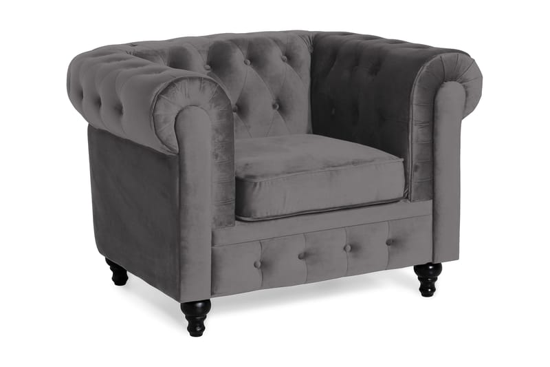 Chesterfield Lyx Stor behagelig dyb fløjlsfotel – Fotel til stuen - Mørkegrå Velour - Møbler - Stole & lænestole - Lænestole - Chesterfield lænestole