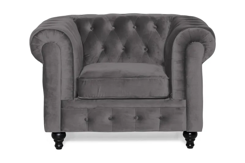 Chesterfield Lyx Stor behagelig dyb fløjlsfotel – Fotel til stuen - Mørkegrå - Møbler - Stole & lænestole - Lænestole - Chesterfield lænestole