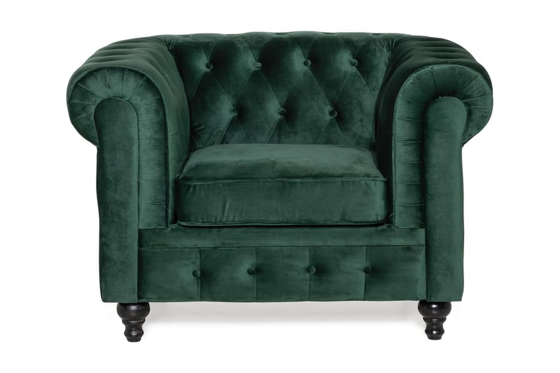 Chesterfield Lyx Stor behagelig dyb fløjlsfotel – Fotel til stuen - Mørkegrøn Velour - Møbler - Stole & lænestole - Lænestole - Chesterfield lænestole