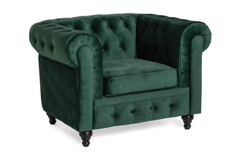 Chesterfield Lyx Stor behagelig dyb fløjlsfotel – Fotel til stuen - Mørkegrøn Velour - Møbler - Stole & lænestole - Lænestole - Chesterfield lænestole