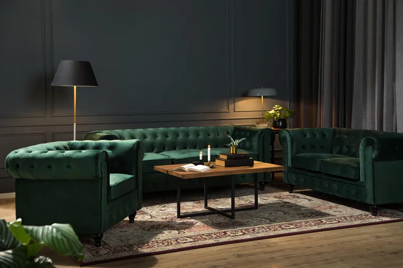 Chesterfield Lyx Stor behagelig dyb fløjlsfotel – Fotel til stuen - Mørkegrøn Velour - Møbler - Stole & lænestole - Lænestole - Chesterfield lænestole