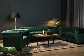 Chesterfield Lyx Stor behagelig dyb fløjlsfotel – Fotel til stuen - Mørkegrøn - Møbler - Stole & lænestole - Lænestole - Chesterfield lænestole