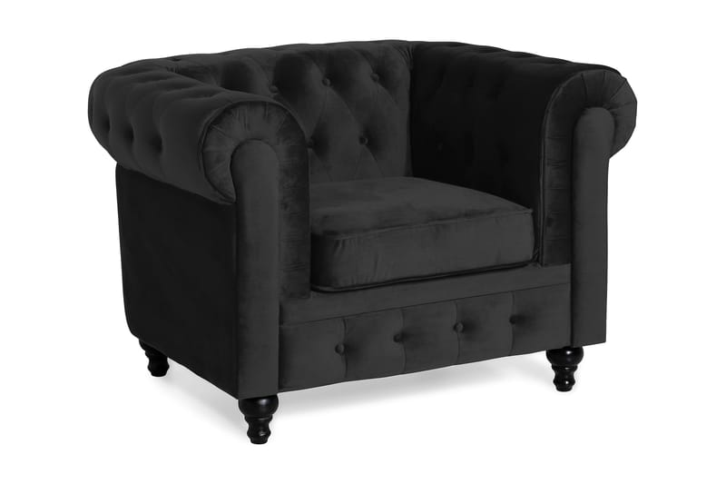 Chesterfield Lyx Stor behagelig dyb fløjlsfotel – Fotel til stuen, Sort Velour