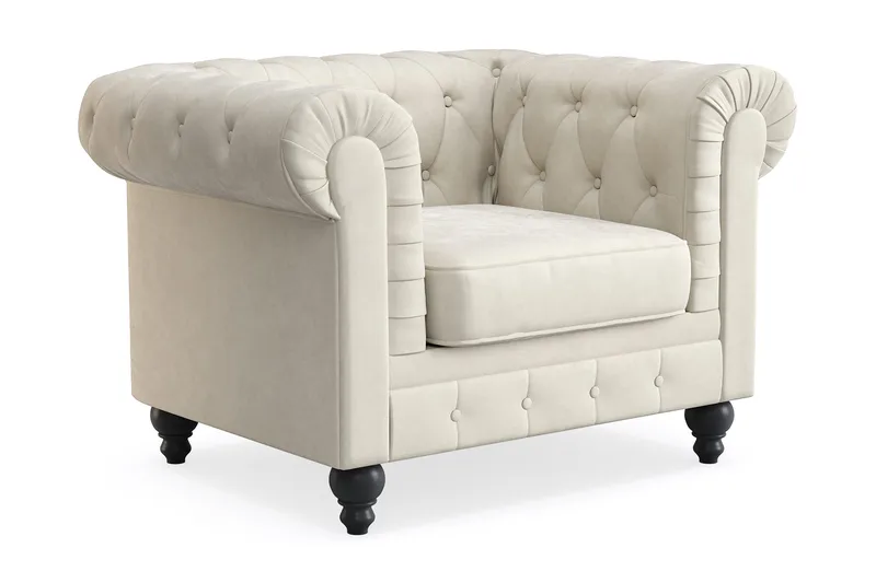 Chesterfield Lyx Stor behagelig dyb fløjlsfotel – Fotel til stuen - Beige - Møbler - Stole & lænestole - Lænestole - Chesterfield lænestole