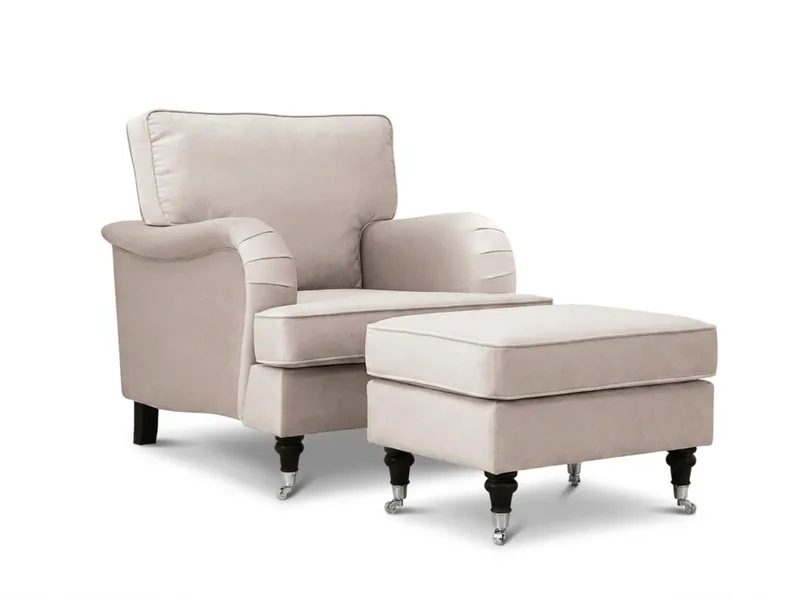 Howard Classic sofagruppe lænestol og fodskammel i fløjl, Beige