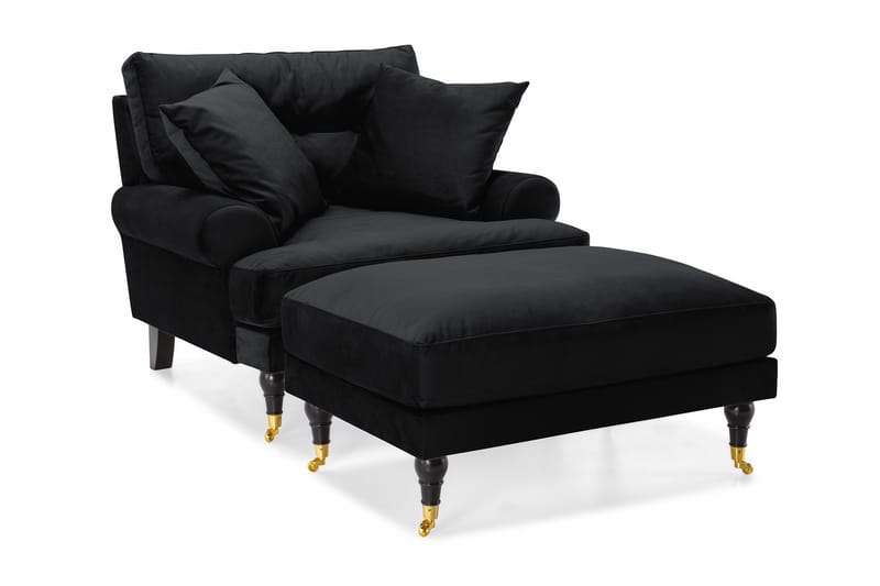 Andrew Lænestol med Puf Velour - Sort/Messing - Møbler - Stole & lænestole - Lænestole - Howard lænestol