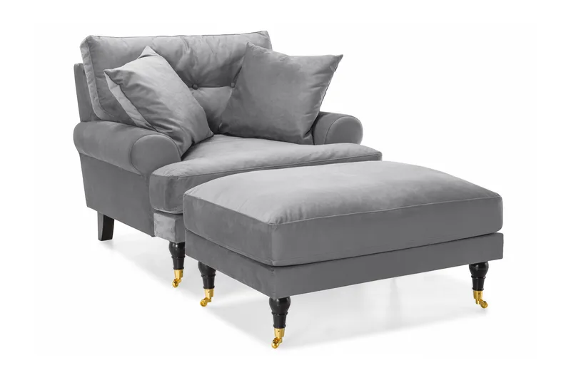 Andrew Lænestol med Puf Velour - Sølvgrå/Messing - Møbler - Stole & lænestole - Lænestole - Howard lænestol