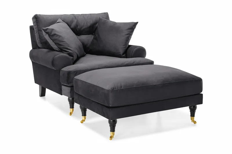 Andrew Lænestol med Puf Velour - Mørkegrå/Messing - Møbler - Stole & lænestole - Lænestole - Howard lænestol