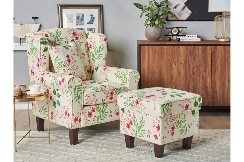 Ingeberg Lænestol med Fodskammel Blomstermønster - Beige - Møbler - Stole & lænestole - Lænestole