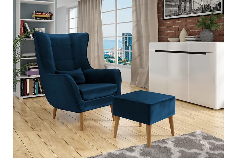 Lænestol - Blå - Møbler - Stole & lænestole - Lænestole - Lænestol med fodskammel