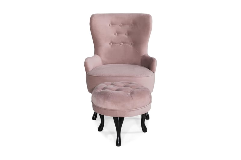 Dahlia Lænestol med Puf - Lys Rosa Velour - Lænestole - Lænestol med fodskammel