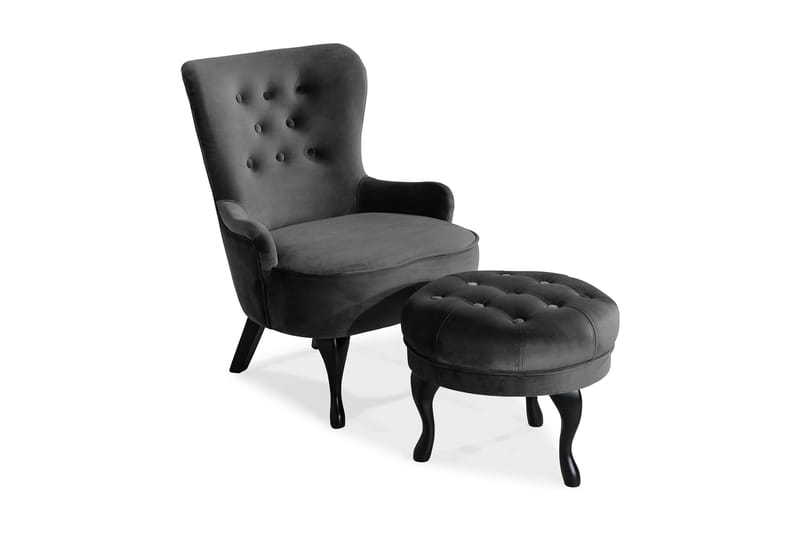 Dahlia Lænestol med Puf - Mørkegrå Velour - Lænestole - Lænestol med fodskammel