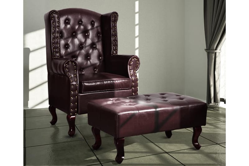Lænestol Med Fodskammel Kunstlæder Mørkebrun - Brun - Læderstol - Chesterfield lænestole