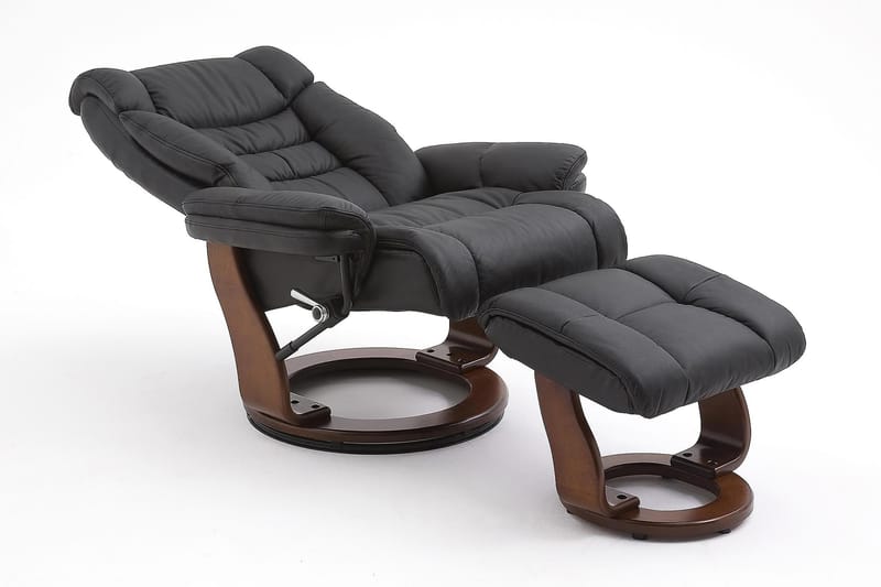 Toronto Lænestol med Puf Valnød - Læder/PVC Sort - Læderstol - Lænestol med fodskammel - Recliner lænestol
