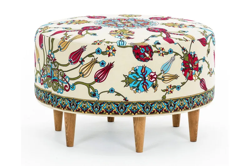 Cerasolo Ottoman Rund, Velour/Beige/Rød/Natur