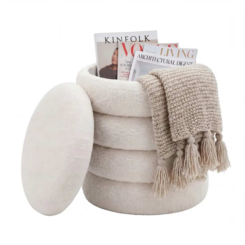 Velik rund siddepuf med opbevaring i teddystof, lys creme