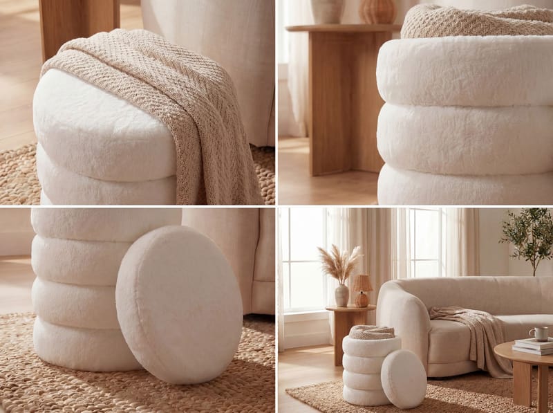 Velik rund siddepuf med opbevaring i teddystof - lys creme - Møbler - Stole & lænestole - Taburet & skammel - Ottoman