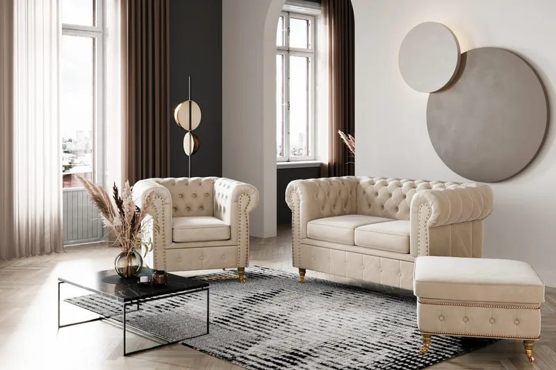 Chesterfield Deluxe Puf Velour - Beige - Møbler - Stole & lænestole - Taburet & skammel - Puf - Chesterfield puf