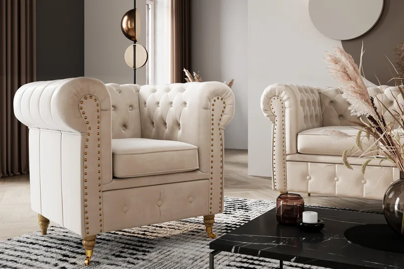 Chesterfield Deluxe Puf Velour - Beige - Møbler - Stole & lænestole - Taburet & skammel - Puf - Chesterfield puf