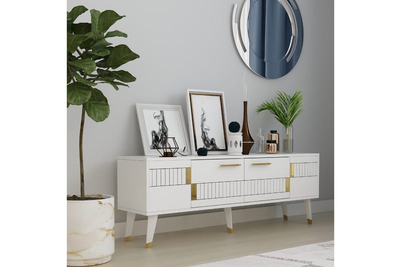 Moda Tv-bænk 150x35 cm Hvid/Guld - Hanah Home - Møbler - TV borde & mediemøbler - TV-borde