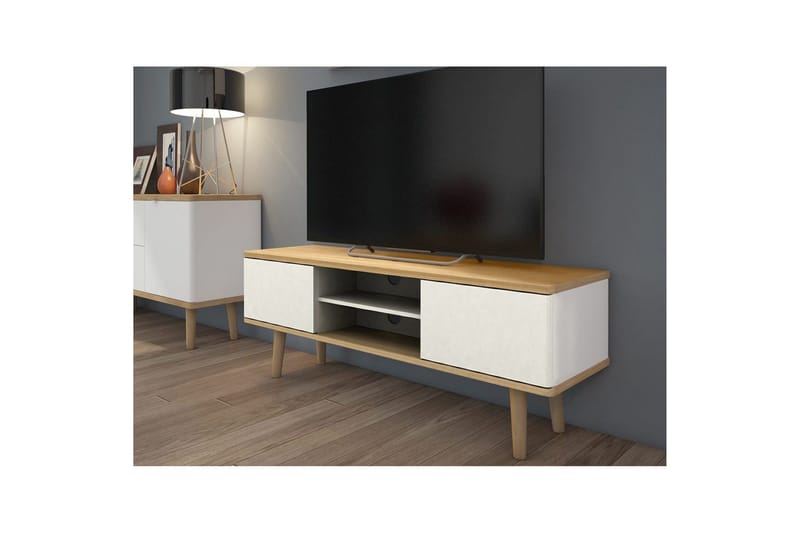 Alandra Gulvstående TV-bord 140 cm med Opbevaring i Eg - Hvid - Møbler - TV borde & mediemøbler - TV-borde