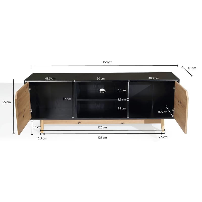Alaro TV-bænk 150 cm - Sort med egetræsfarvede fronter/ben - Møbler - TV borde & mediemøbler - TV-borde