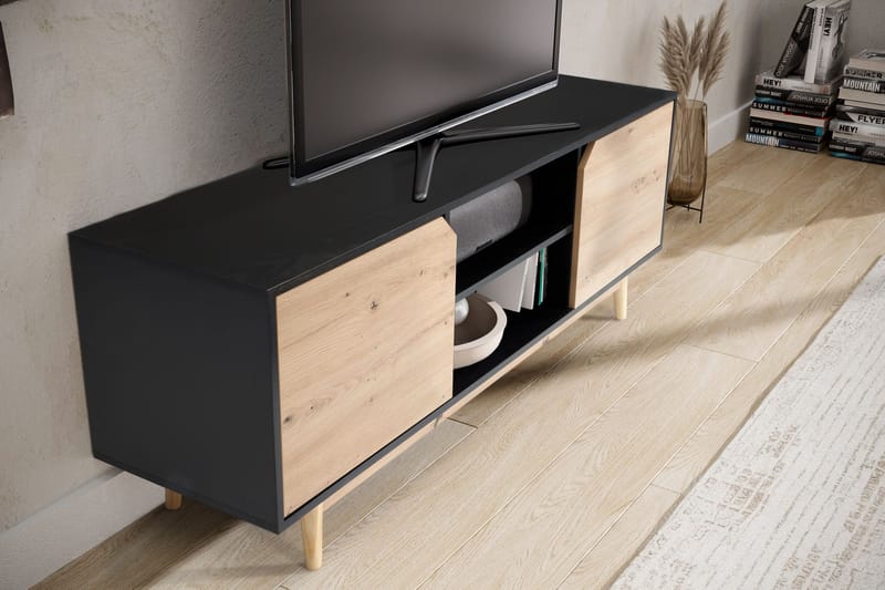 Alaro TV-bænk 150 cm - Sort med egetræsfarvede fronter/ben - Møbler - TV borde & mediemøbler - TV-borde