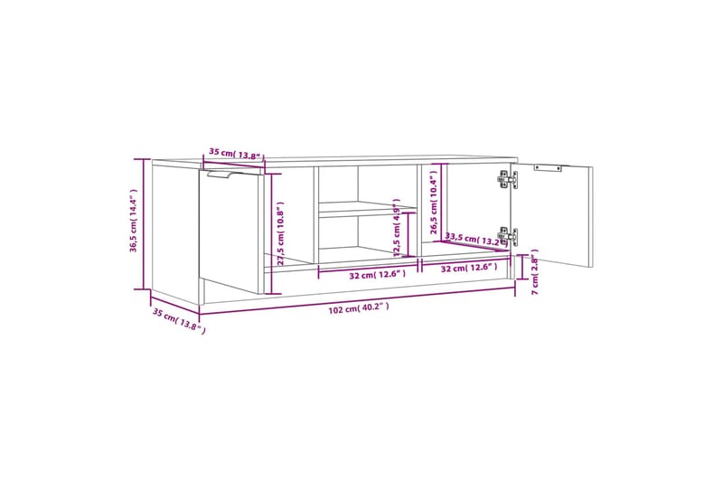 beBasic tv-bord 102x35x36,5 cm konstrueret træ hvid højglans - Hvid - Møbler - TV borde & mediemøbler - TV-borde