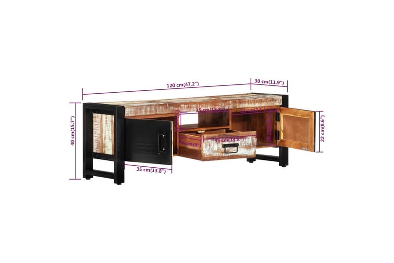 beBasic tv-bord 120x30x40 cm massivt genbrugstræ - Flerfarvet - Møbler - TV borde & mediemøbler - TV-borde
