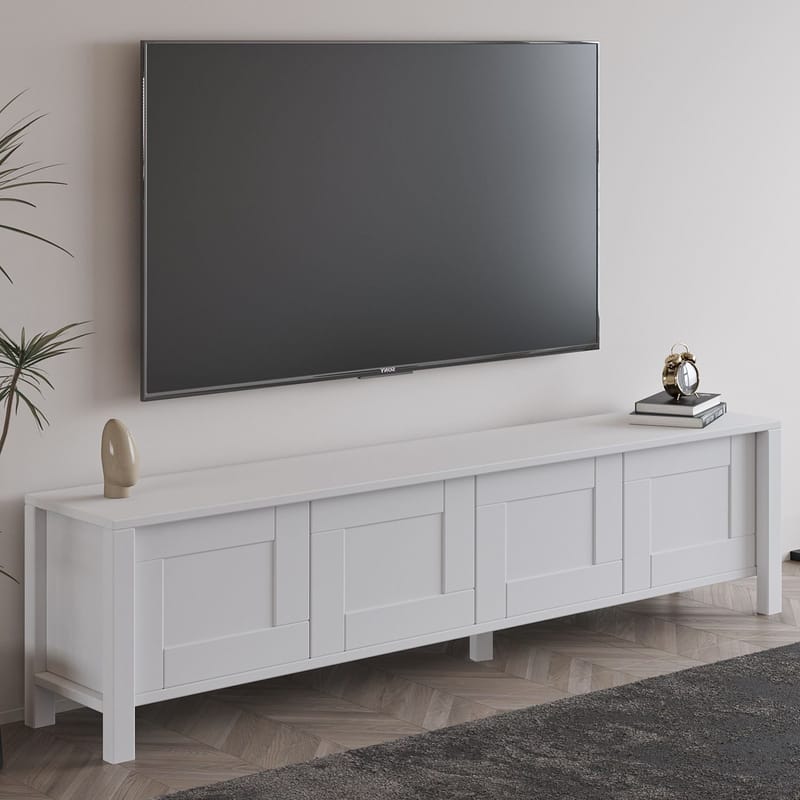 Belor Gulvstående TV-bænk 160 cm med Opbevaring i Malet Træ - Hvid - Møbler - TV borde & mediemøbler - TV-borde