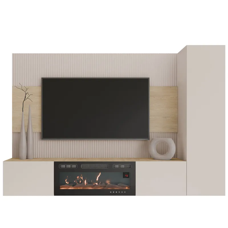 Bernice TV-vægskab 220 cm elpejs med varmefunktion og LED-belysning, beige, brun