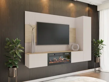 Bernice TV-vægskab 220 cm elpejs med varmefunktion og LED-belysning - beige, brun - Møbler - TV borde & mediemøbler - TV-skab