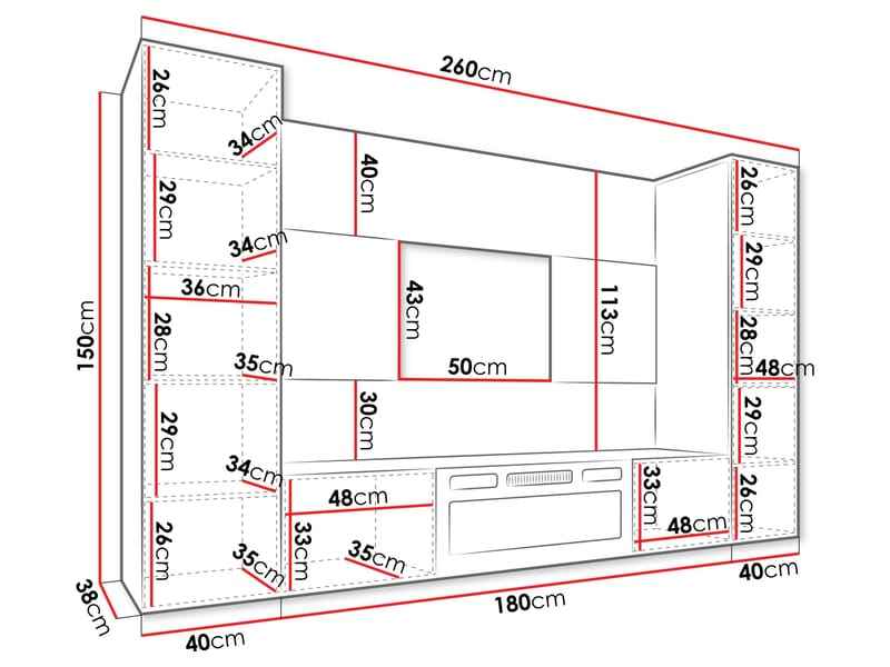 Bernice TV-vægskab 260 cm elpejs med varmefunktion og LED-belysning - brun - Møbler - TV borde & mediemøbler - TV-skab