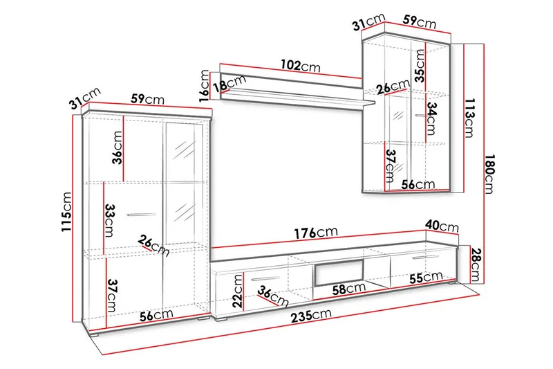 Bunta TV-møbelsæt 235x40 cm - Hvid - Møbler - TV borde & mediemøbler - Tv-møbelsæt