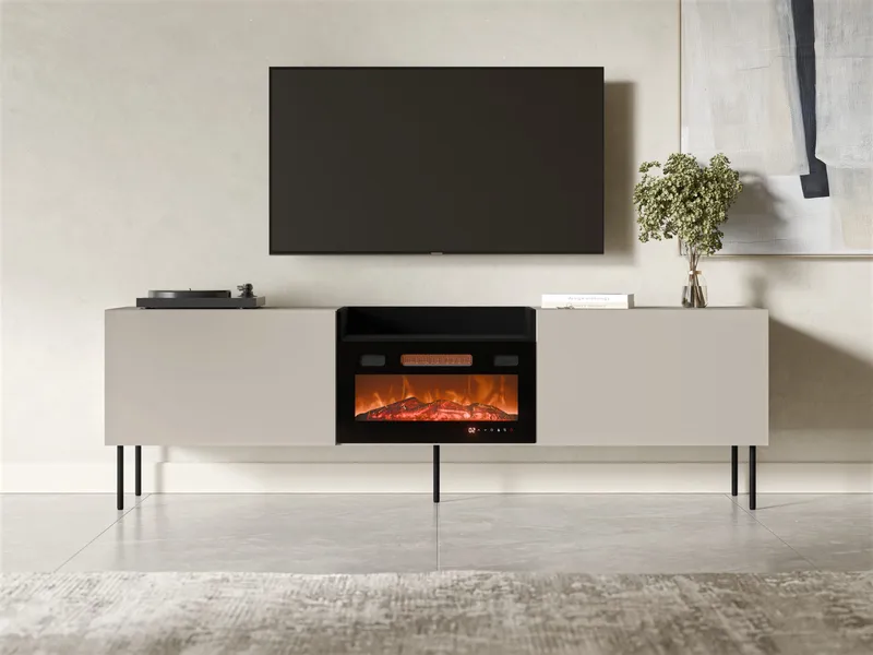 Clarinor TV-bænk 200 cm med Pejs med Varmefunktion - Beige|sort - Møbler - TV borde & mediemøbler - TV-borde