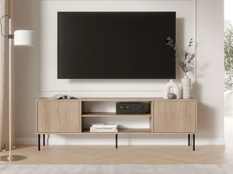 Claven Gulvstående TV-bænk 183 cm med Opbevaring i Træ og Egetræslook - Beige - Møbler - TV borde & mediemøbler - TV-borde